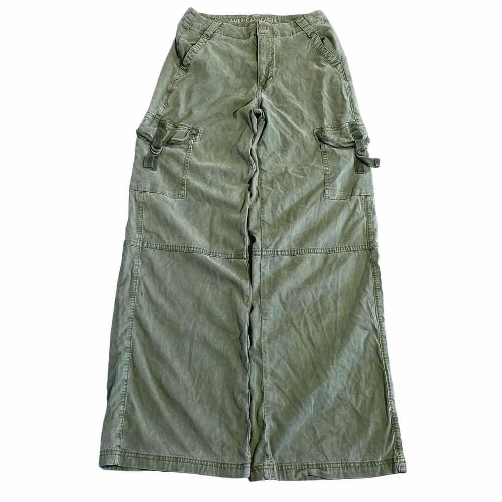 American Eagle Cargo Pants Size 2 Green Wide Leg Utility Stretch